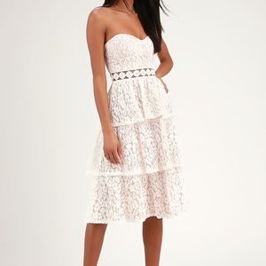 Lulu’s Adorn White Lace Strapless Midi Dress